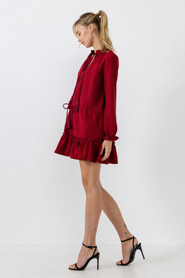 English Factory Tassel Trim Dress With Ruffle At Hem BURGUNDY