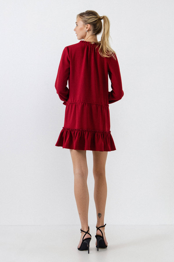 English Factory Tassel Trim Dress With Ruffle At Hem BURGUNDY