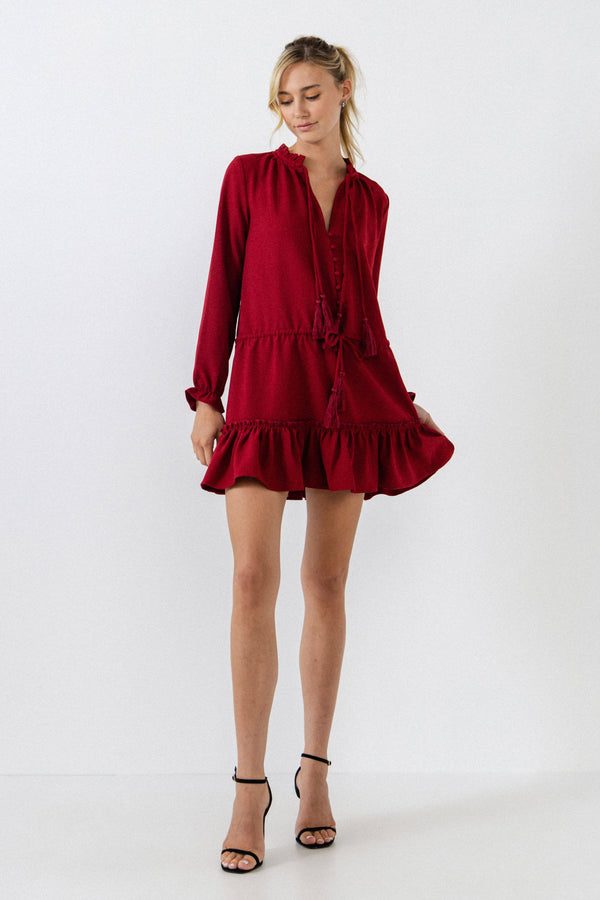 english factory Tassel Trim Dress With Ruffle At Hem BURGUNDY