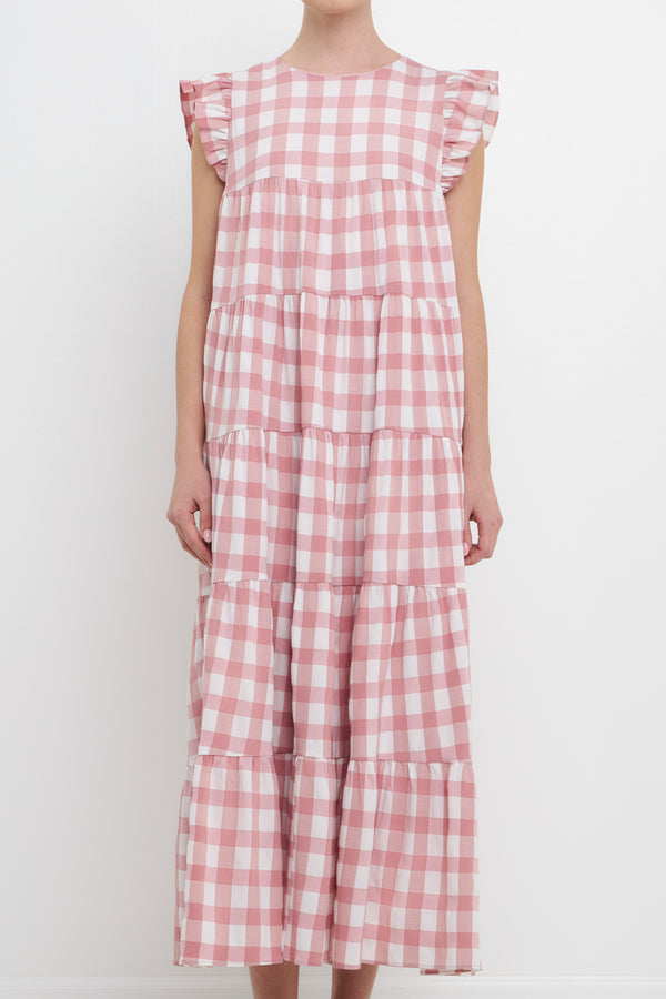 English Factory Textured Gingham Maxi Tiered Baby Doll Dress PINK
