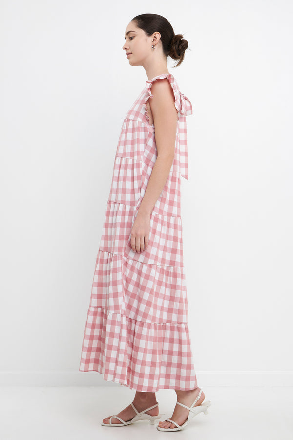 English Factory Textured Gingham Maxi Tiered Baby Doll Dress PINK
