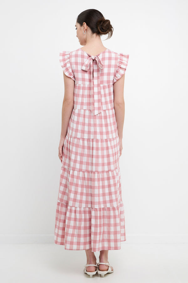 English Factory Textured Gingham Maxi Tiered Baby Doll Dress PINK