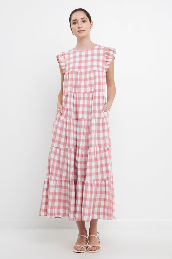 english factory Textured Gingham Maxi Tiered Baby Doll Dress PINK