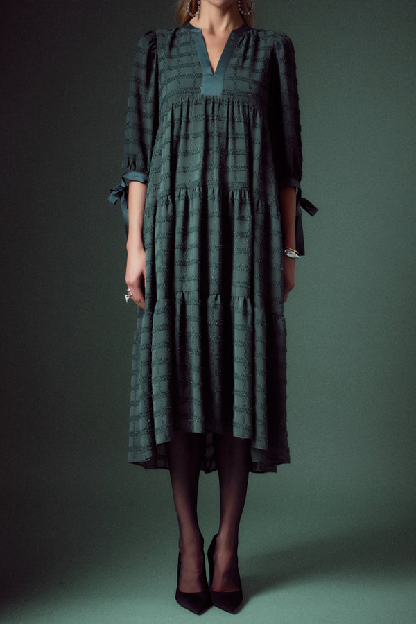 English Factory Textured Gridded Chiffon Dress EMERALD
