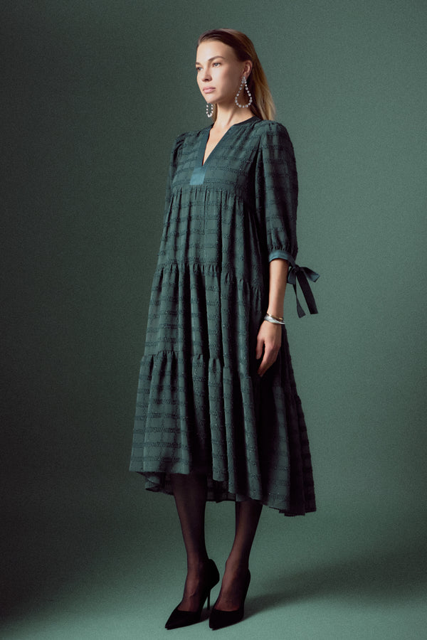 English Factory Textured Gridded Chiffon Dress EMERALD