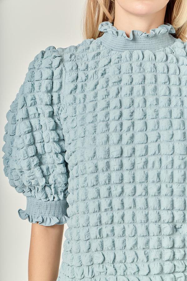 English Factory Textured Mock Neck Short Sleeve Blouse SKY BLUE