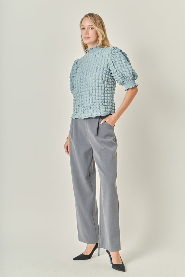 English Factory Textured Mock Neck Short Sleeve Blouse SKY BLUE