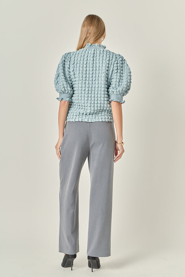 English Factory Textured Mock Neck Short Sleeve Blouse SKY BLUE