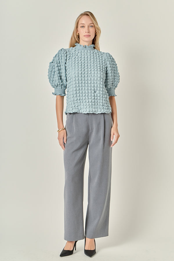 english factory Textured Mock Neck Short Sleeve Blouse SKY BLUE