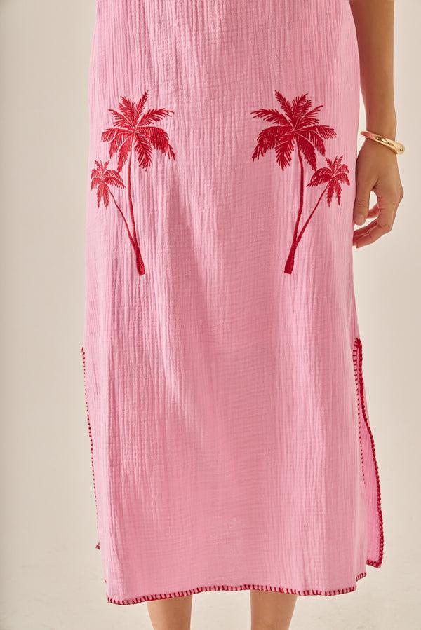 English Factory The Aria Tropical Embroidered Midi Dress PINK/RED
