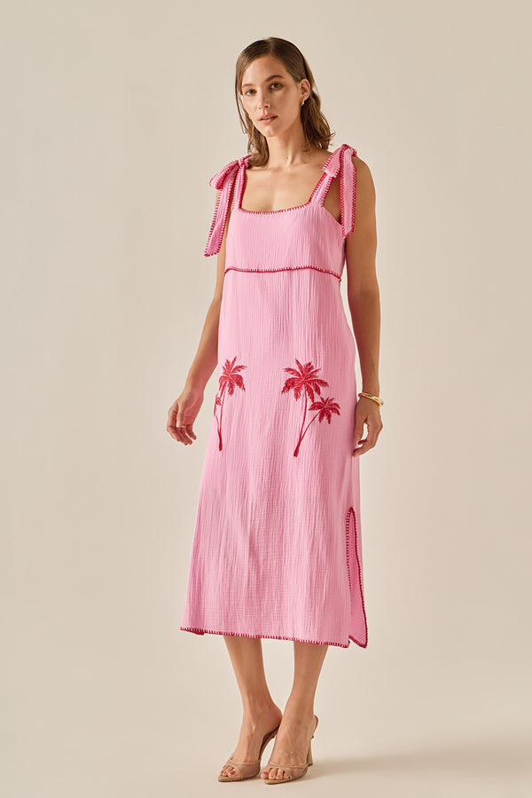 English Factory The Aria Tropical Embroidered Midi Dress PINK/RED