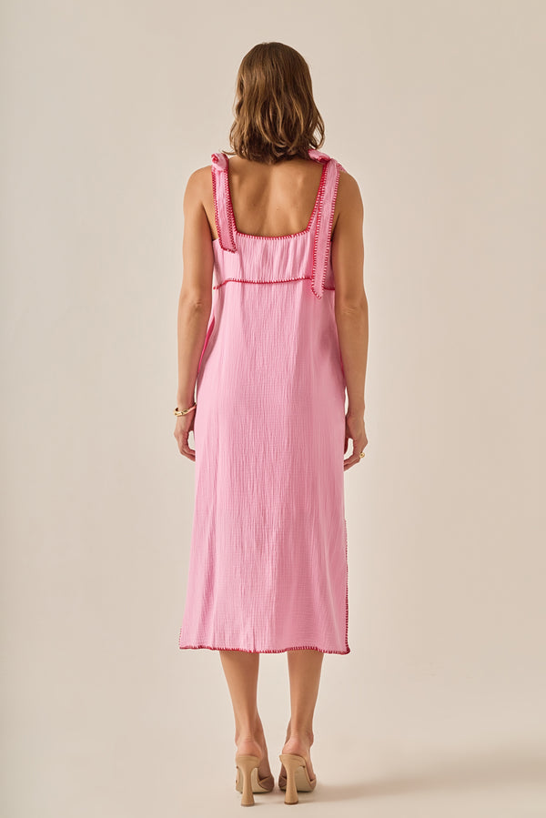 English Factory The Aria Tropical Embroidered Midi Dress PINK/RED