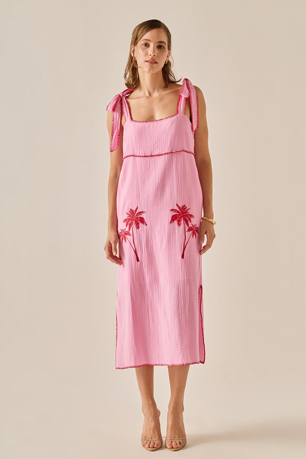 english factory The Aria Tropical Embroidered Midi Dress PINK/RED