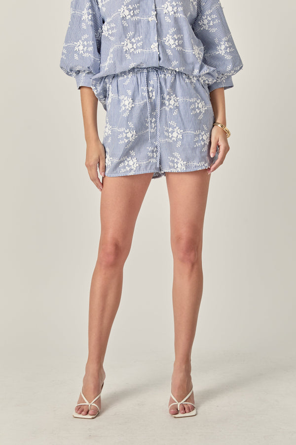 English Factory The Charlotte Embroidered Striped Shorts BLUE/WHITE