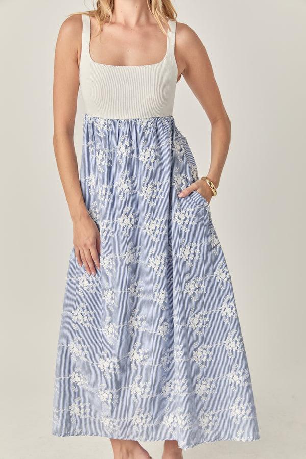 English Factory The Charlotte Mixed Media Midi Dress BLUE/WHITE
