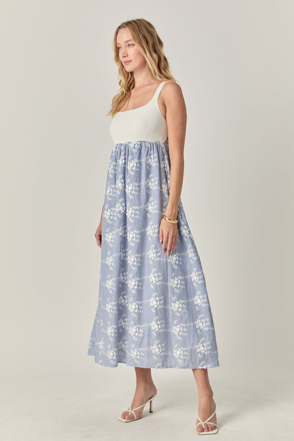 English Factory The Charlotte Mixed Media Midi Dress BLUE/WHITE