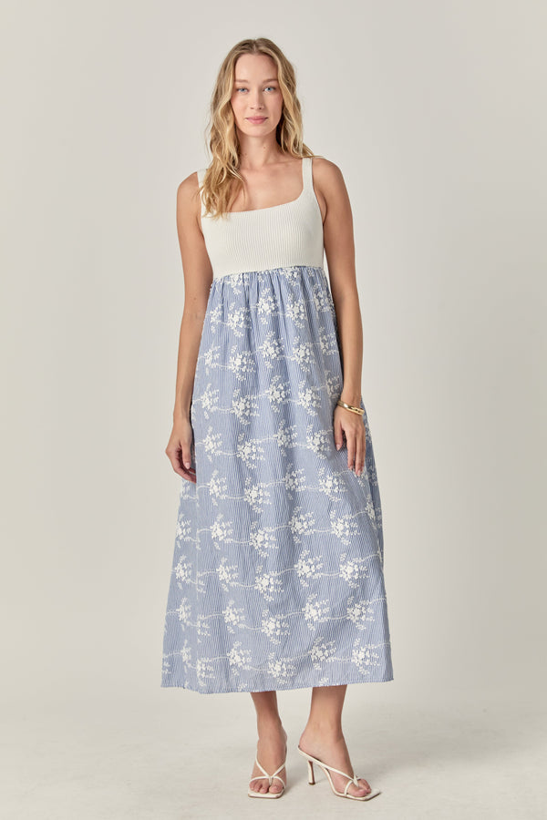 english factory The Charlotte Mixed Media Midi Dress BLUE/WHITE