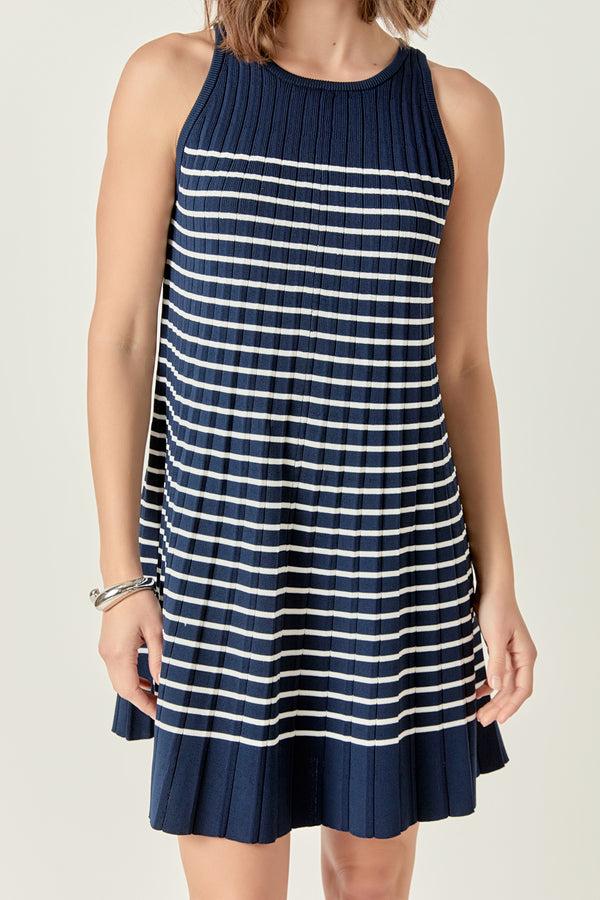 English Factory The Clara Pleated A-line Knit Stripe Mini Dress NAVY/WHITE