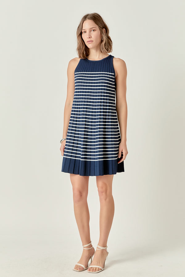 English Factory The Clara Pleated A-line Knit Stripe Mini Dress NAVY/WHITE