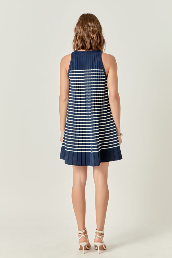 English Factory The Clara Pleated A-line Knit Stripe Mini Dress NAVY/WHITE