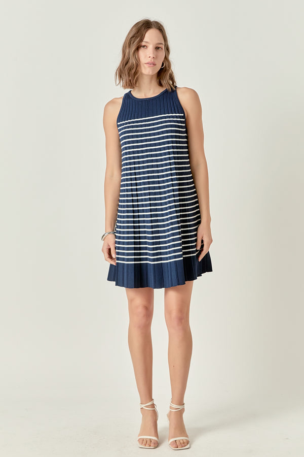 english factory The Clara Pleated A-line Knit Stripe Mini Dress NAVY/WHITE