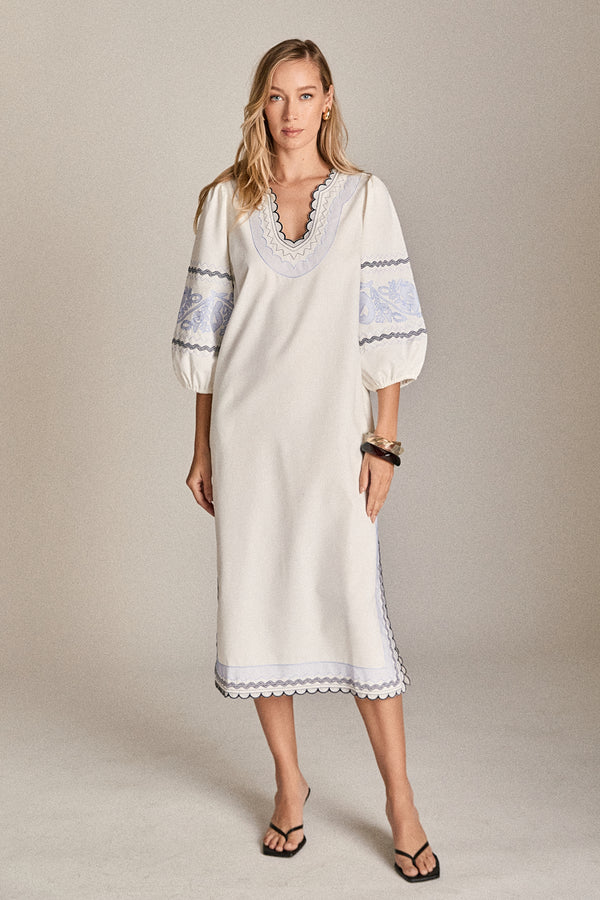 English Factory The Scallop Stitch Midi Dress WHITE/POWDER BLUE