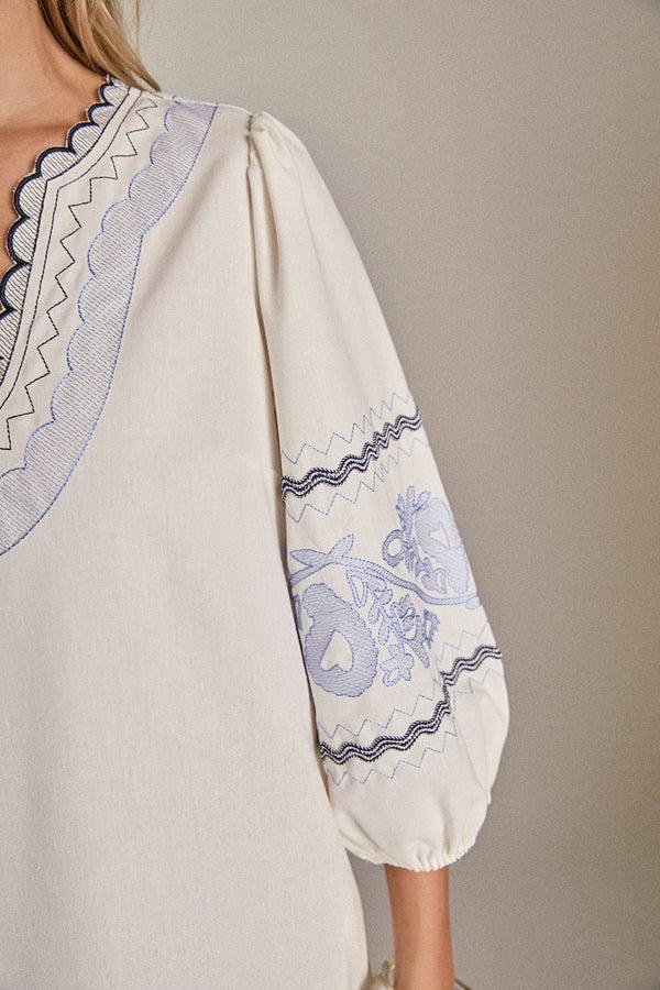 English Factory The Scallop Stitch Midi Dress WHITE/POWDER BLUE