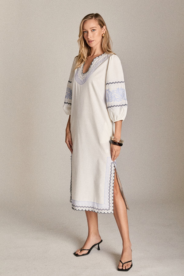 English Factory The Scallop Stitch Midi Dress WHITE/POWDER BLUE