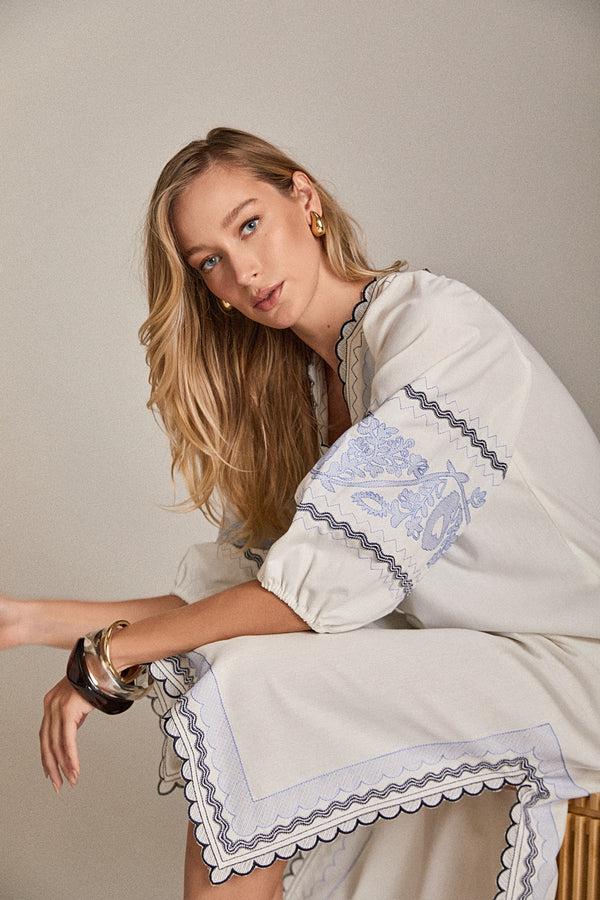 english factory The Scallop Stitch Midi Dress WHITE/POWDER BLUE