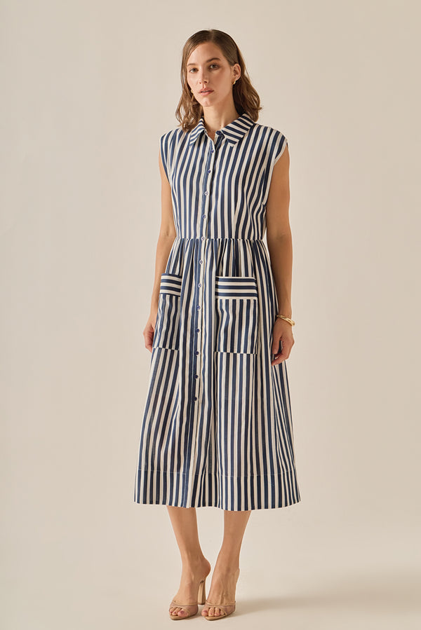 English Factory The Seersucker Stripe Midi Dress NAVY/WHITE