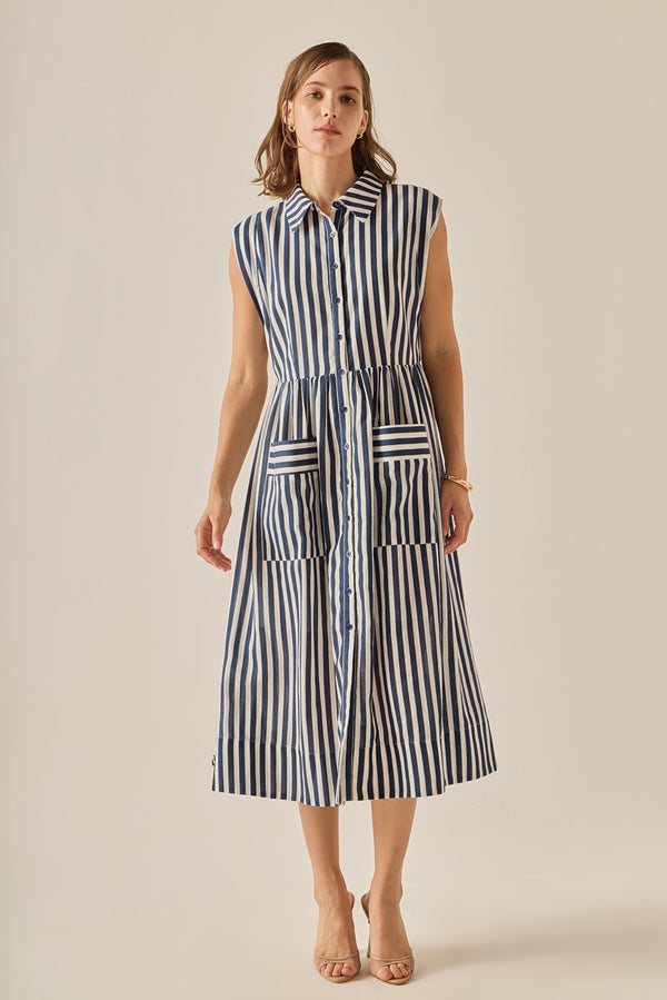english factory The Seersucker Stripe Midi Dress NAVY/WHITE