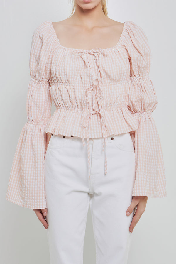 English Factory Tie Detailed Shirring Top With Long Sleeves BLUSH