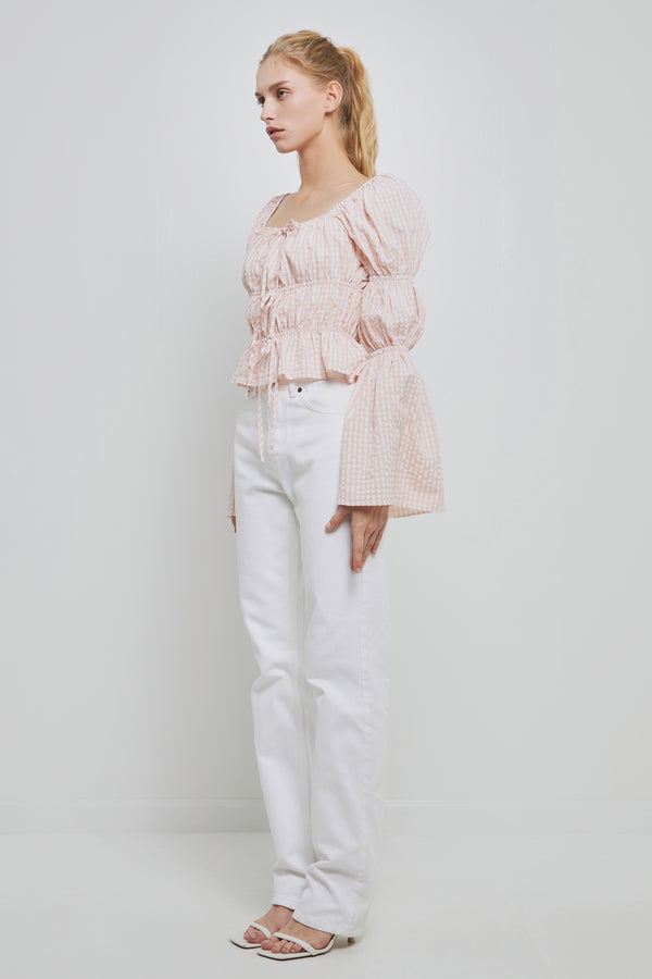 English Factory Tie Detailed Shirring Top With Long Sleeves BLUSH