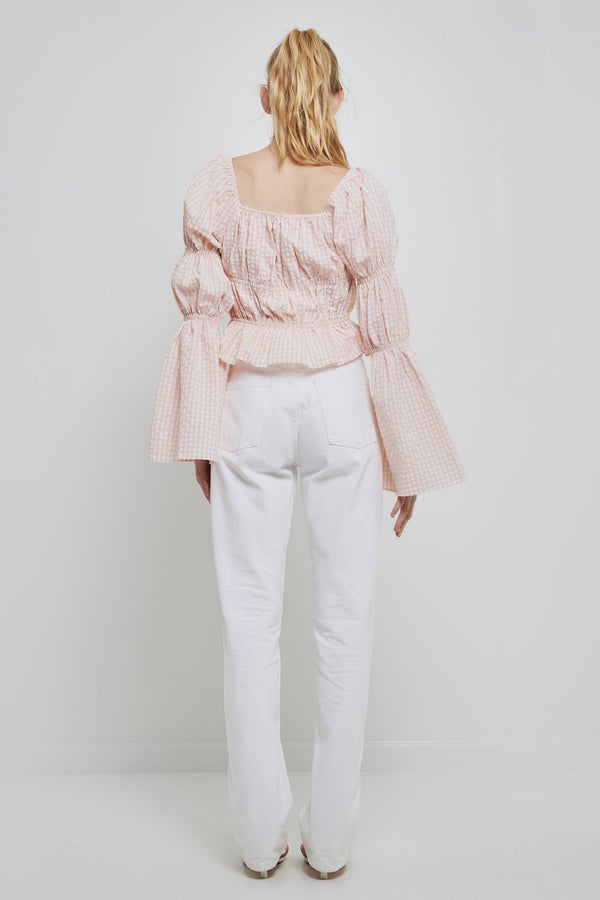 English Factory Tie Detailed Shirring Top With Long Sleeves BLUSH