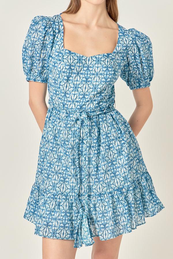 English Factory Tie Dye Print Braided Belt Mini Dress BLUE