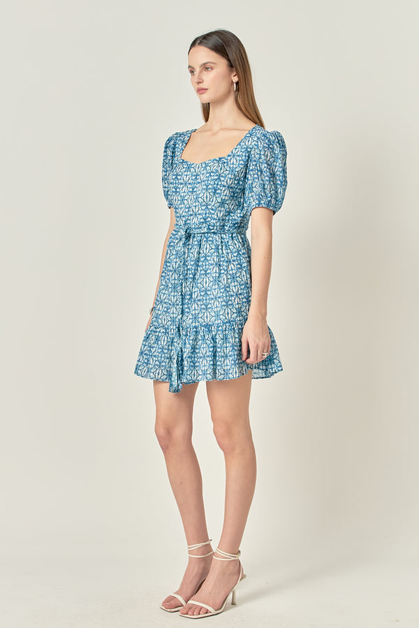 English Factory Tie Dye Print Braided Belt Mini Dress BLUE