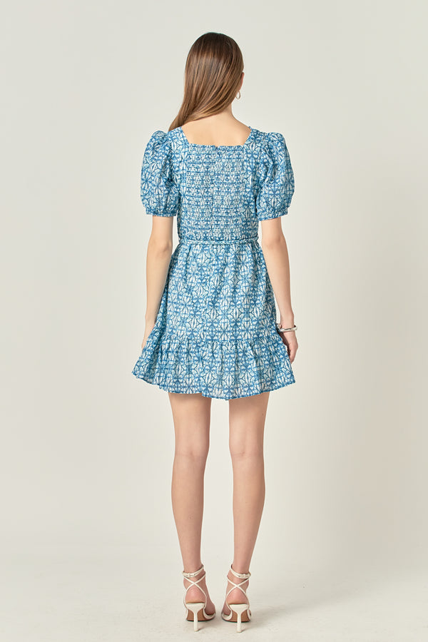 English Factory Tie Dye Print Braided Belt Mini Dress BLUE