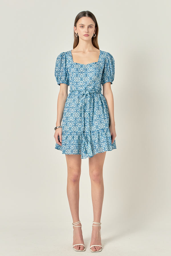 english factory Tie Dye Print Braided Belt Mini Dress BLUE