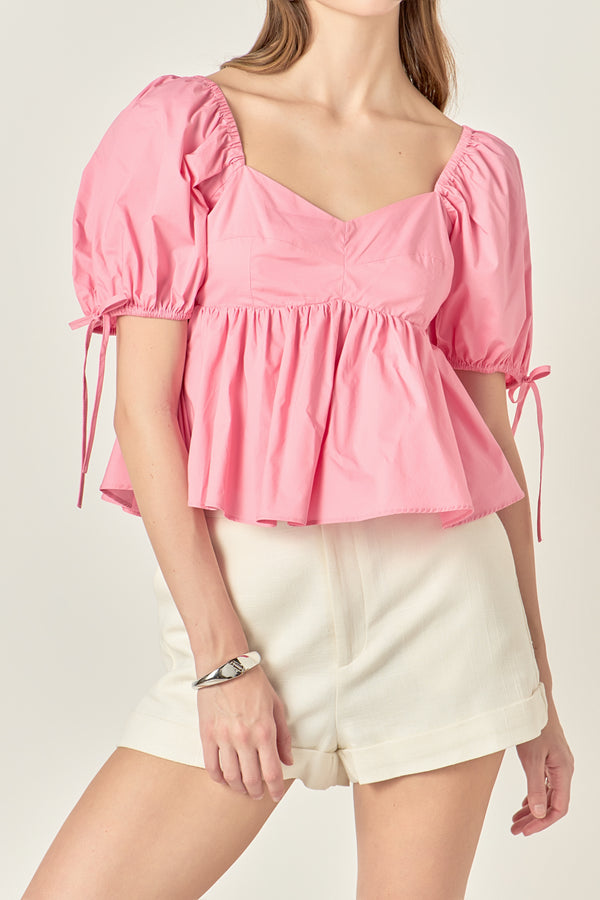 English Factory Tied Strap Puff Sleeve Woven Top PINK