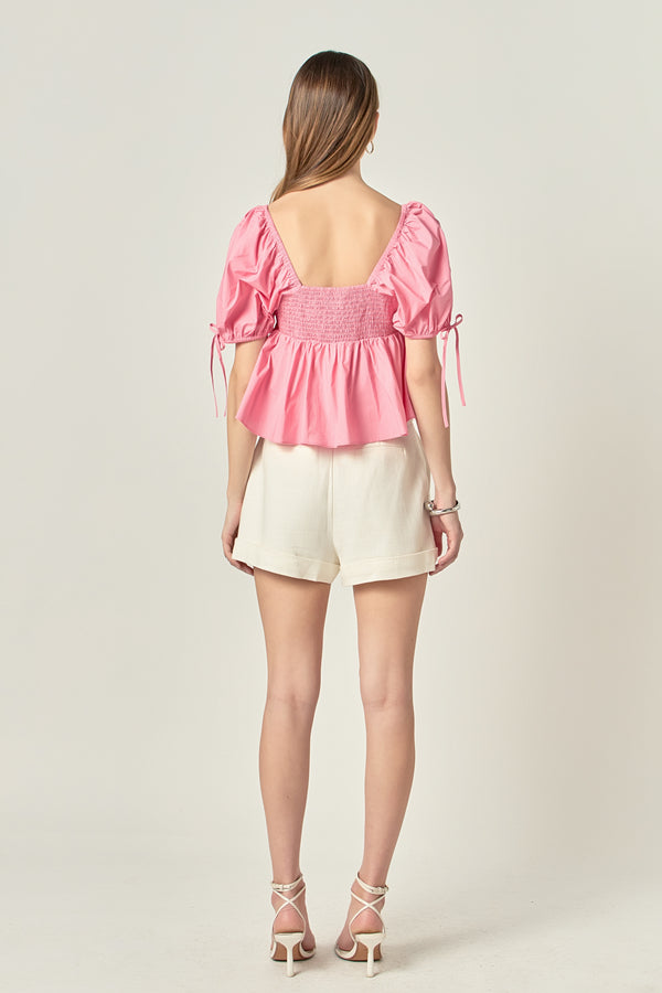 English Factory Tied Strap Puff Sleeve Woven Top PINK