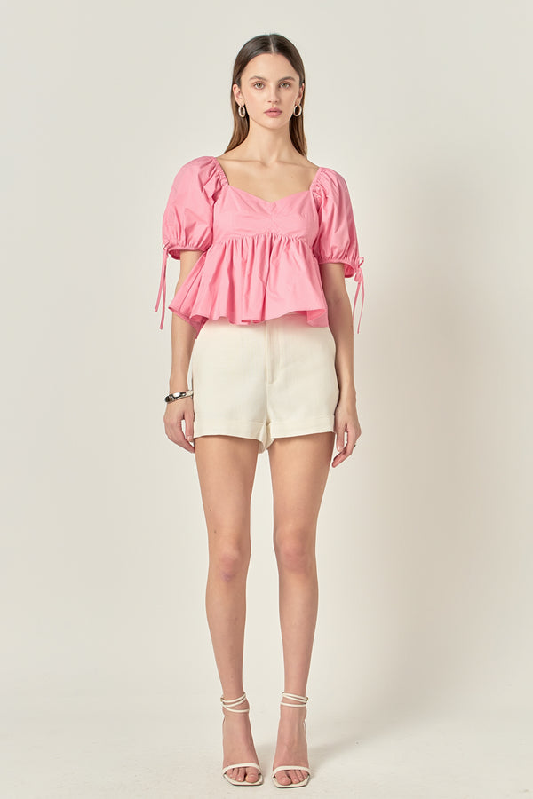 english factory Tied Strap Puff Sleeve Woven Top PINK