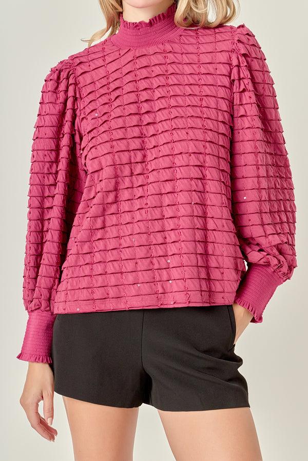 English Factory Tiered Jersey Top Mock Neck Blouse BERRY