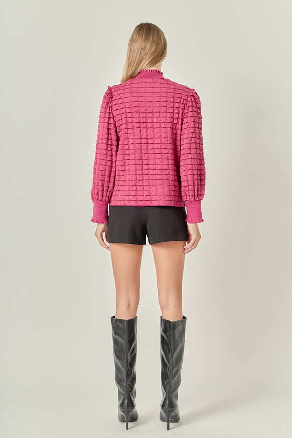 English Factory Tiered Jersey Top Mock Neck Blouse BERRY