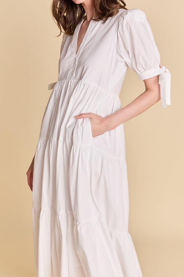 English Factory Tiered Midi Dress With Bow-Tie Sleeves WHITE