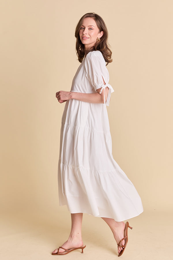 English Factory Tiered Midi Dress With Bow-Tie Sleeves WHITE