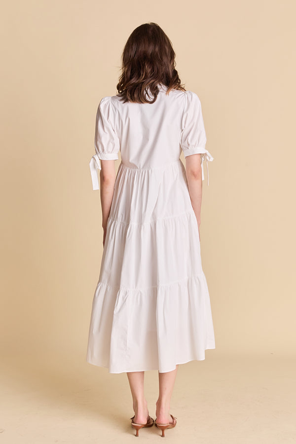 English Factory Tiered Midi Dress With Bow-Tie Sleeves WHITE