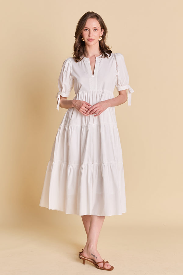 english factory Tiered Midi Dress with Bow-Tie Sleeves WHITE