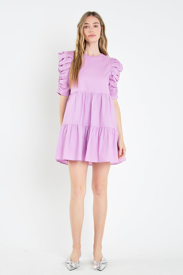 english factory Tiered Puff Sleeve Mini Dress LILAC