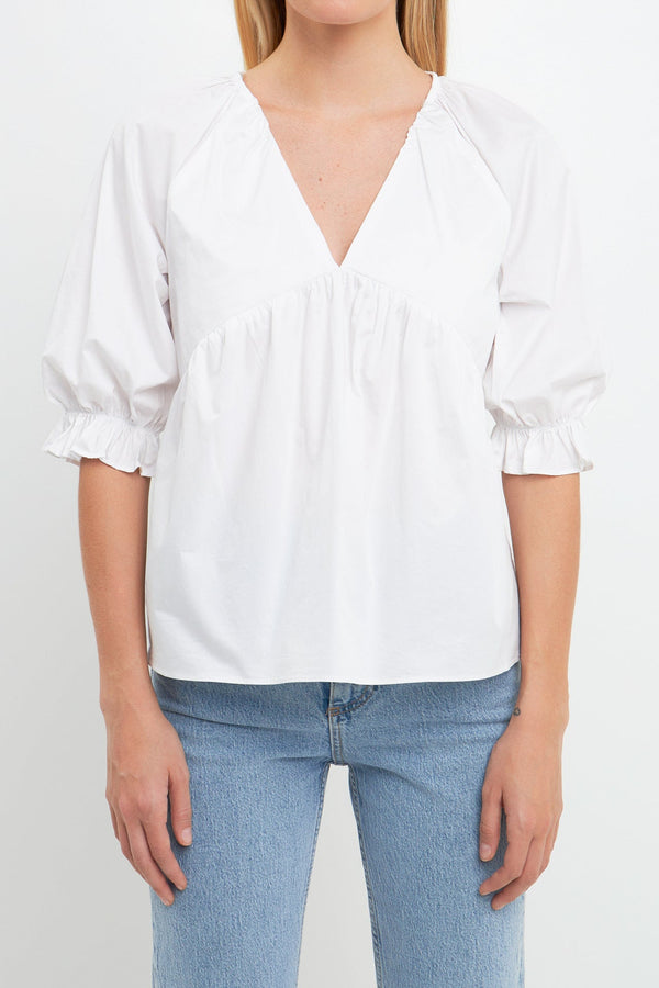 English Factory Tiered V Neck Top With Ruffle Sleeves WHITE