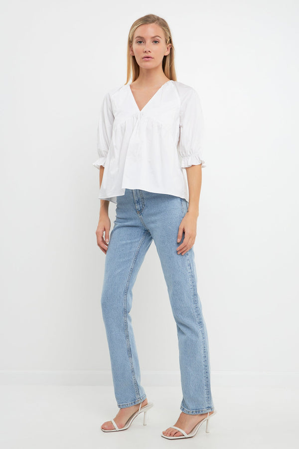 English Factory Tiered V Neck Top With Ruffle Sleeves WHITE